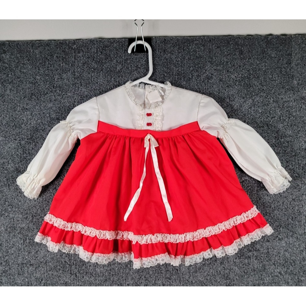 Vintage 80s Baby Girl Bryan Dress Red Large (12x12) 12 Months Bow Roses Cottage